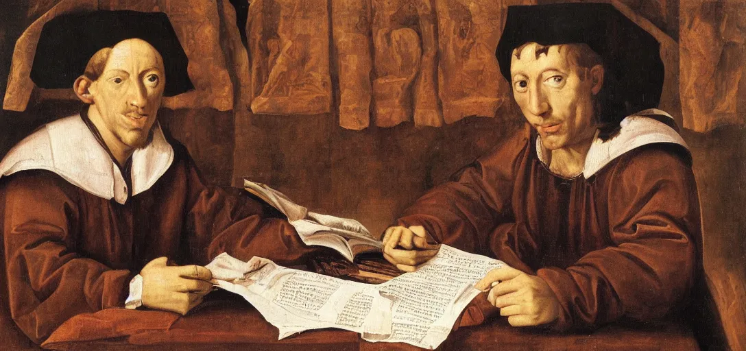 Image similar to Renaissance oil portrait of a man studying a soccer team sheet and tactics board, a soccer ball falling on his head, high-quality realistic oil painting with detailed strokes, robed Renaissance scholar,