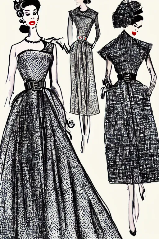 Image similar to a detailed fashion illustration of a 5 0 s hostess gown