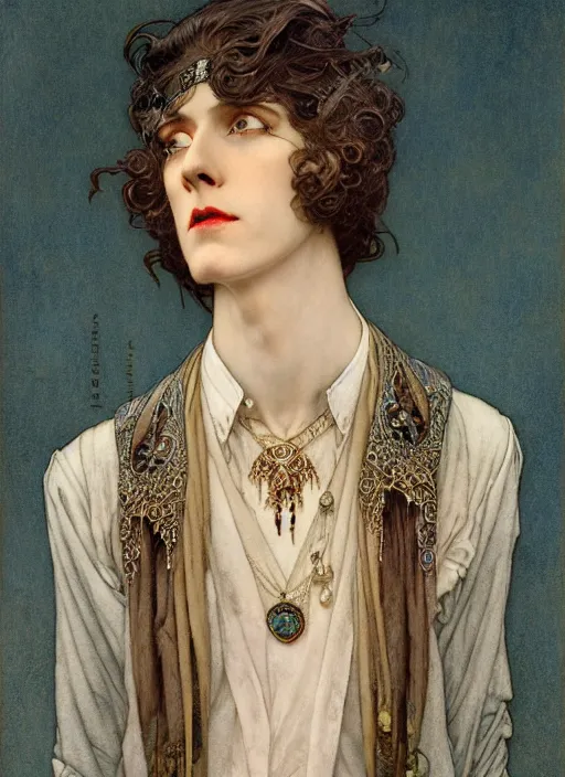 Image similar to edmund dulac, leyendecker, highly detailed portrait, a beautiful androgynous eric nally, long hair, tall and thin, wearing several pendants, art nouveau, stephen bliss, unreal engine, by greg rutkowski, loish, ferdinand knab, ilya kuvshinov, rossdraws, tom bagshaw, alphonse mucha, global illumination, radiant light