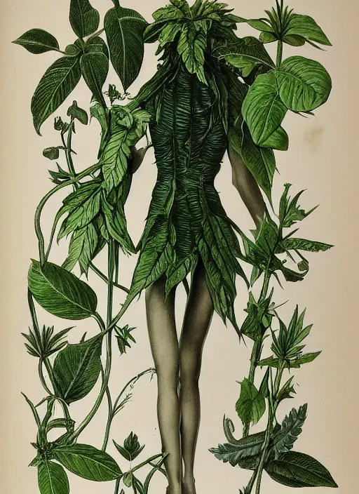 Image similar to fantasy scientific botanical illustration of a green tall plant walking around with human legs