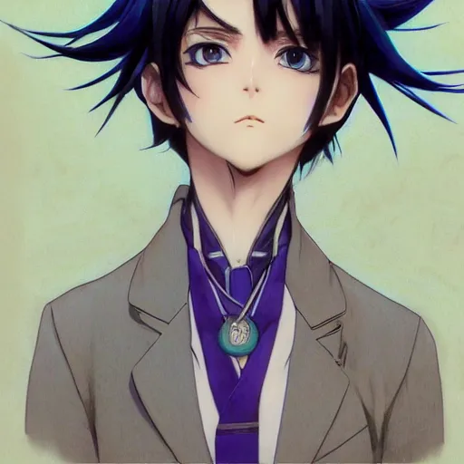 Image similar to small boy with black hair and blue purple eye, school uniform, anime style, hyper detailed, illustration, digital painting, art by artgerm and greg rutkowski and alphonse mucha, high delicate defined details, anime stylized, highly detailed, realistic, sharp focus, symmetrical face