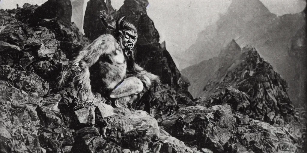 Image similar to krampus eating a mountain, 1920s photography, grainy, eerie, dark