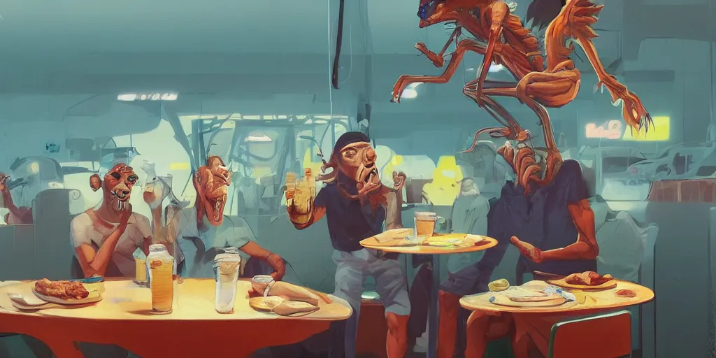 Image similar to cartoonish iggy pop having breakfast at the drive inn, vivid colors, character sheet, fine details, concept design, contrast, kim jung gi, greg rutkowski, trending on artstation, 8 k, full body, turnaround, front view, back view, ultra wide angle