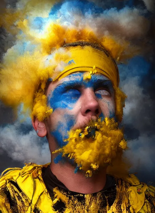 Prompt: crying!!!!!! modern ukrainian soldier!!, covered in yellow and blue clouds, disarming, enchanting, fragile, shamanistic, cloudcore, portrait, by kim keever