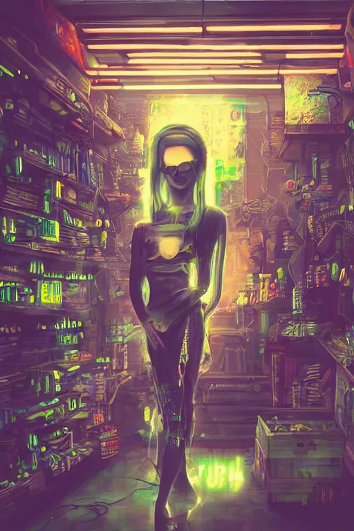 Image similar to cyberpunk shopkeeper, glow, sharp focus, beautiful, grunge, fantasy, cyber