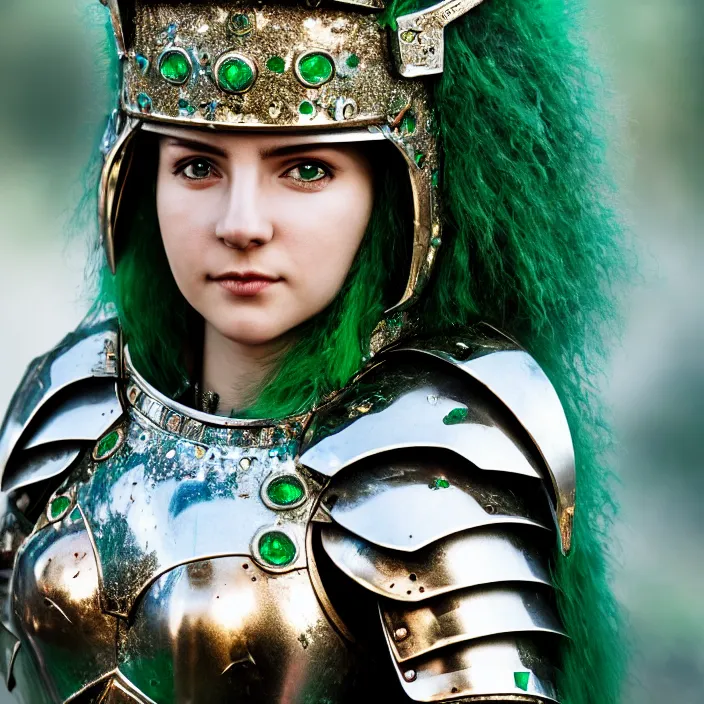 Image similar to photo of a cute beautiful warrior queen wearing emerald encrusted armour, highly detailed, 4 k, hdr, smooth, sharp focus, high resolution, award - winning photo