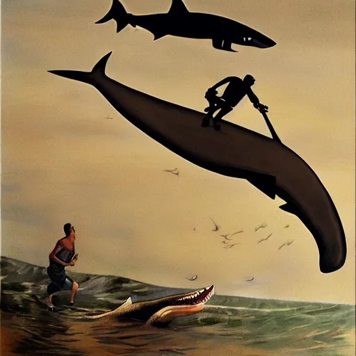 Prompt: massive shark chasing a man on a scooter in a Salvador Dali painting style
