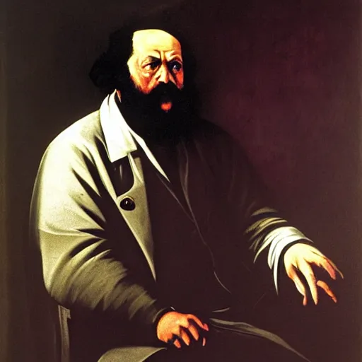 Image similar to karl marx has problems in a dark painting by Caravaggio