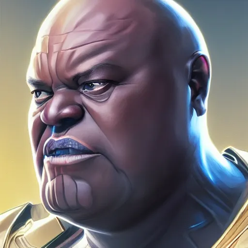 Prompt: portrait of Lavell Crawford as Thanos, elegant, intricate, headshot, highly detailed, digital painting, artstation, concept art, sharp focus, illustration, art by artgerm and greg rutkowski and alphonse mucha