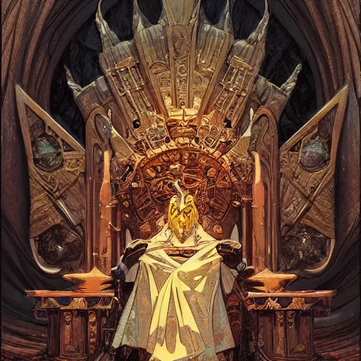 Image similar to painting of an old powerful medieval king driven mad, sitting in his throne room all alone, highly detailed, digital painting, artstation, concept art, tarot card, symmetry, dark fantasy, sharp focus, illustration, art by Joe Madureira and Artgerm and Greg Rutkowski and Alphonse Mucha