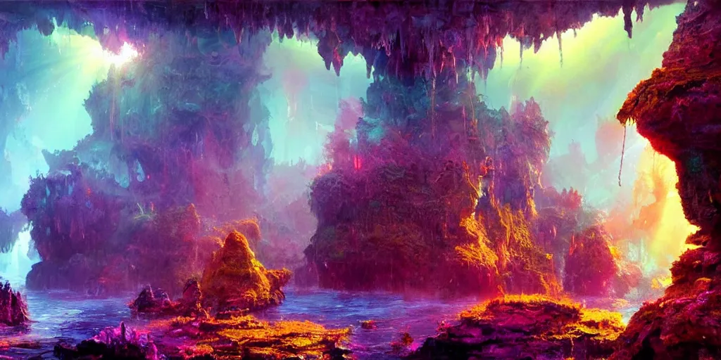 Image similar to ”mysterious crystal cavern fantasy landscape, [crepuscular rays, pools of water, rope bridges, colorful, art by wlop and paul lehr]”