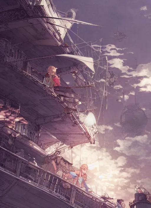 Image similar to character portrait of the white herald on the deck of an imperial airship in the sky, hidari, color page, tankoban, 4K, tone mapping, Akihiko Yoshida.