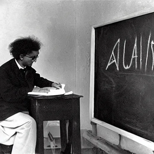 Image similar to a cat on writing with chak on a blackboard, teaching albert einstein his special theory of relativity