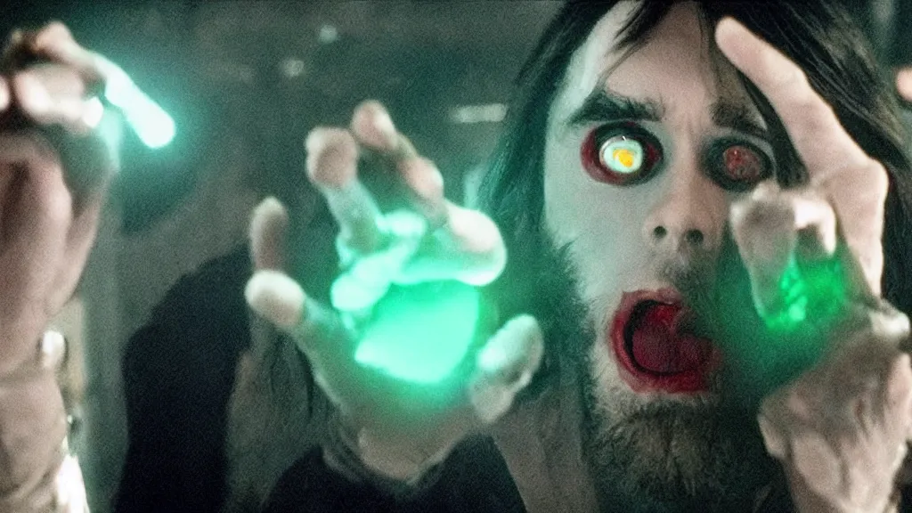 Image similar to The scene in Morbius (2022) when Jared Leto activates his large green translucent brilliant cut diamond held in his palm, shot on Kodak Vision 200T, 8k, cinematography, composition, beautiful lighting