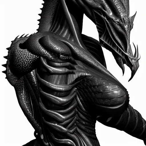 Prompt: a black and white 3D render of a beautiful profile face portrait of a female dragon-cyborg