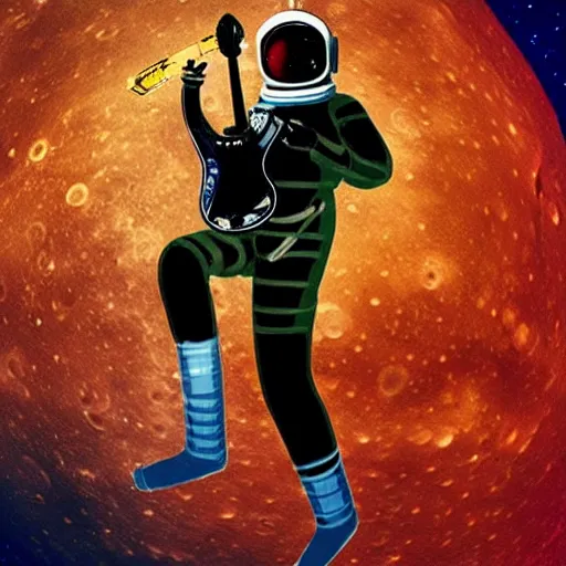 Prompt: an astronaut wearing a diving suit holding a stratocaster electric guitar on the moon