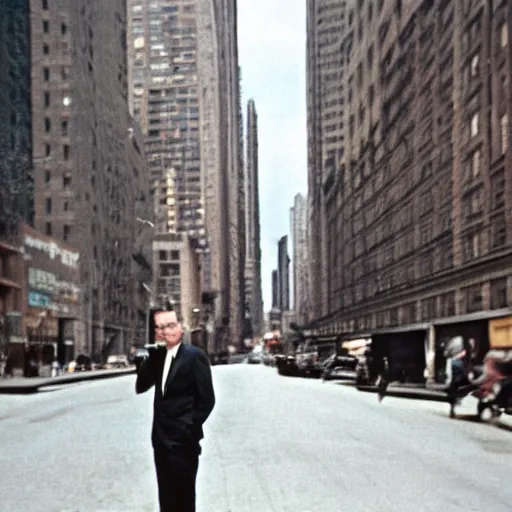 Image similar to portrait of a man in a suit in the streets of new york, 1 9 6 0 s, hyper realistic ultra detailed lifelike intricate, photo taken with ektachrome, featured on flickr, photographed on damaged film