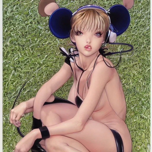 Prompt: beautiful girl wearing a mouse ears and jumpsuit, by Hajime Sorayama