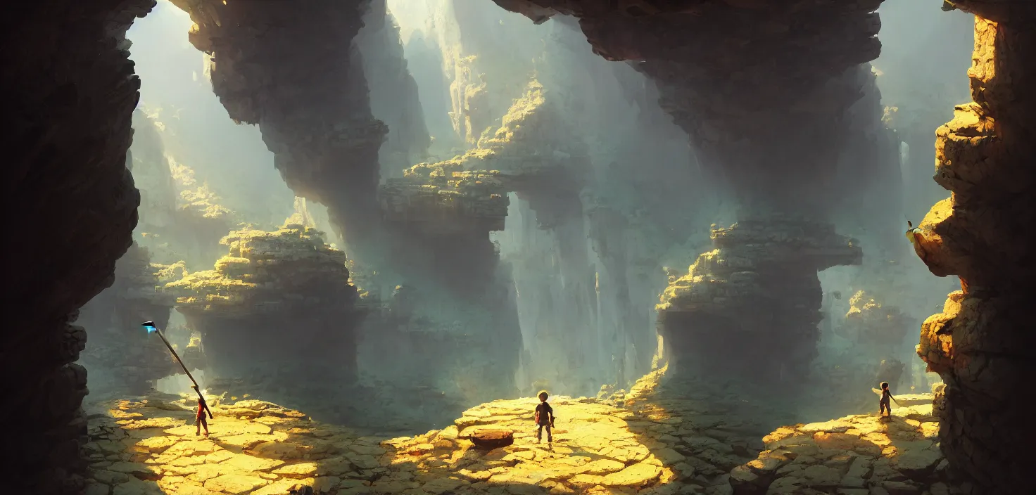 Prompt: child with spear standing in a cave full of many futuristic stone blocks, cinematic view, detailed, vector art, high detail, warm lighting, volumetric, godrays, vivid, beautiful, trending on artstation, by jordan grimmer, huge scene, grass, art greg rutkowski