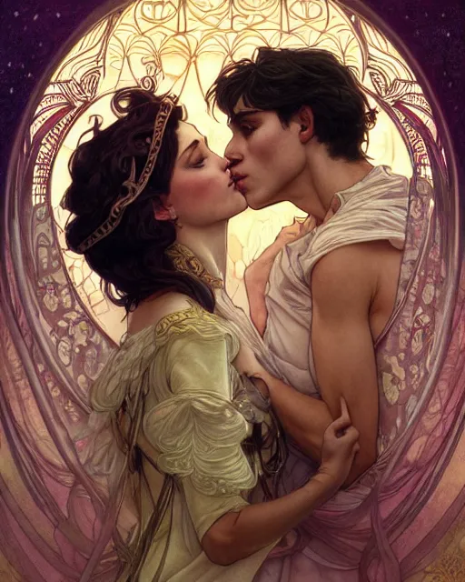 Image similar to the kiss | highly detailed | very intricate | art nouveau | gold filigree | romantic storybook fantasy | soft cinematic lighting | award - winning | professional portraiture | disney concept art watercolor illustration by mandy jurgens and alphonse mucha and alena aenami | pastel color palette | featured on artstation