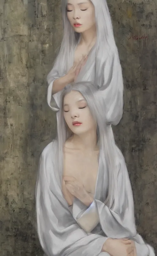 Image similar to angelic beauty with silver hair so pale and wan! and thin!?, flowing robes, covered in robes, lone pale korean goddess, wearing robes of silver, flowing, pale skin, young cute face, covered!!, clothed!! lucien levy - dhurmer, jean deville, oil on canvas, 4 k resolution, aesthetic!, mystery