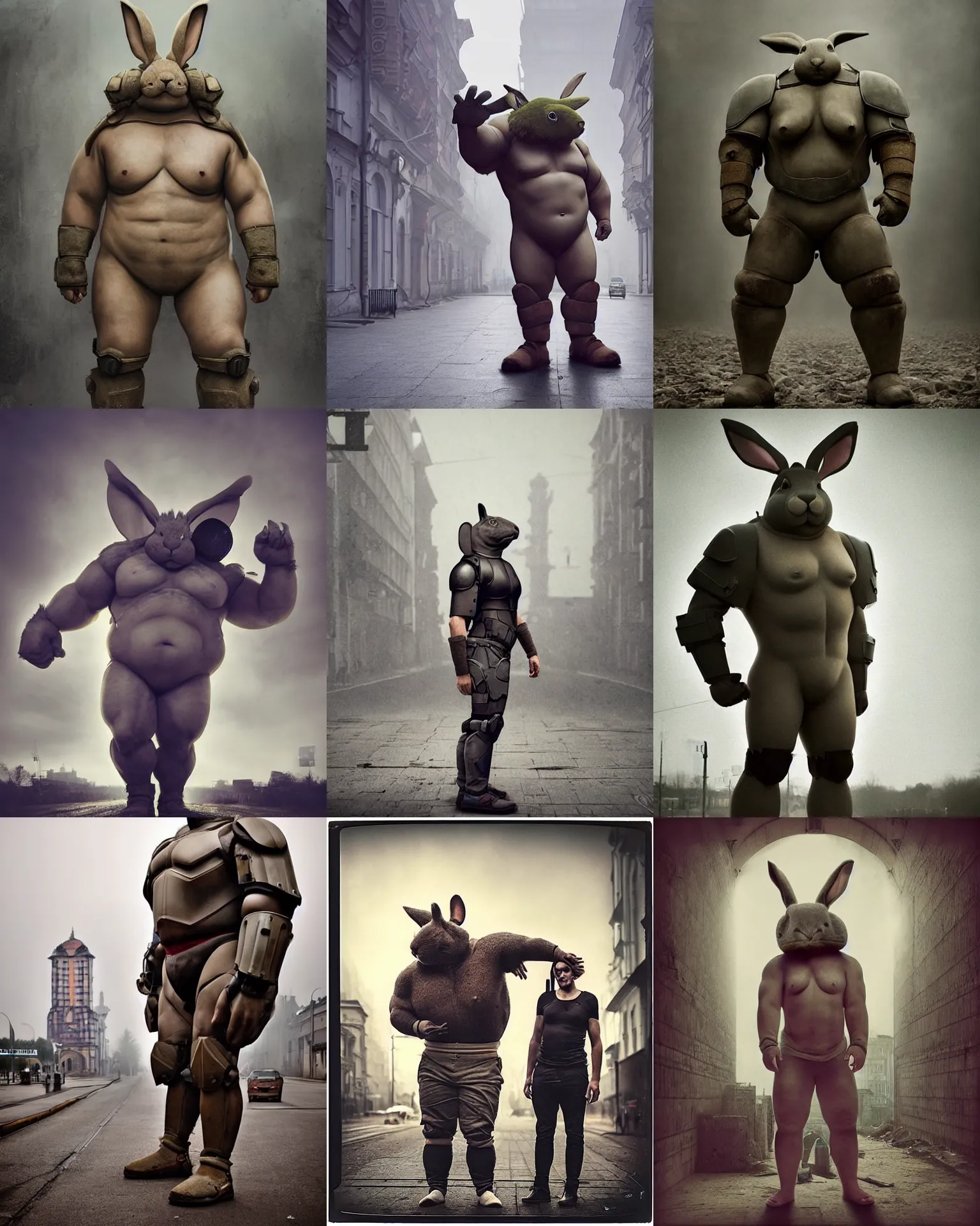 Prompt: epic pose!!! giant oversized bulky chubby battle sci - fi chest armor anthropomorphic rabbit rugged hulked, in legnica, full body, cinematic focus, polaroid photo, vintage, neutral dull colors, soft lights, foggy mist, by oleg oprisco, by thomas peschak, by discovery channel, by victor enrich, by gregory crewdson