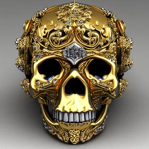 Prompt: baroque skull, scrollwork, gold, silver, precious gems, rendered in octane, close-up