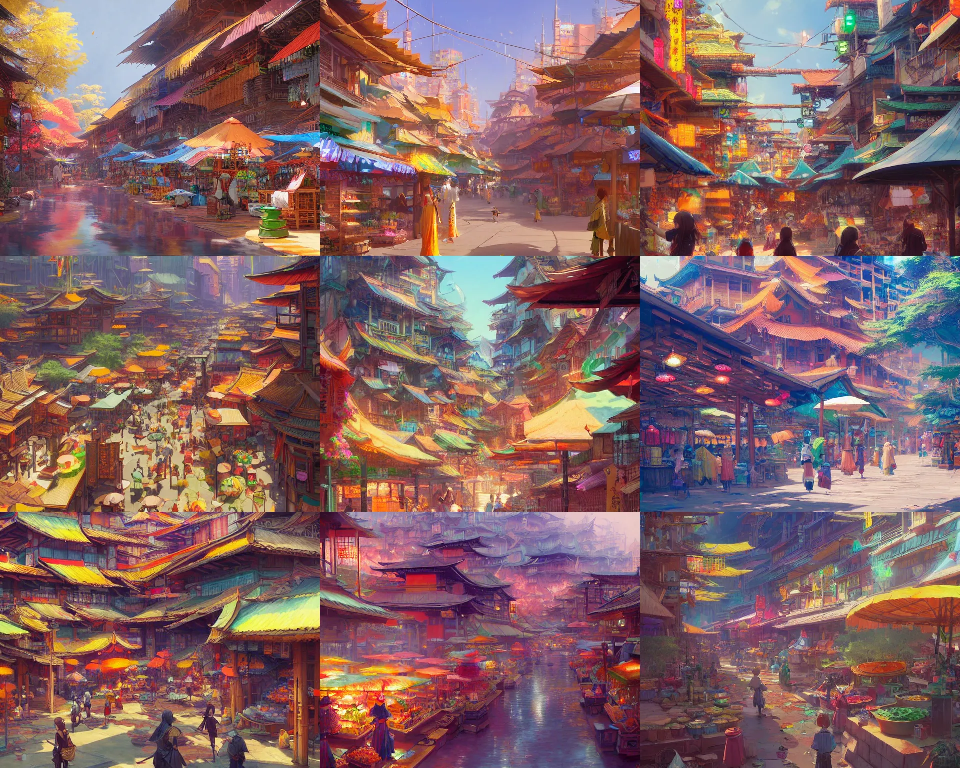 Image similar to colorful marketplace in a great, colorful kitsune city, bamboo, anime, a fantasy digital painting by Greg Rutkowski and James Gurney, trending on Artstation, highly detailed