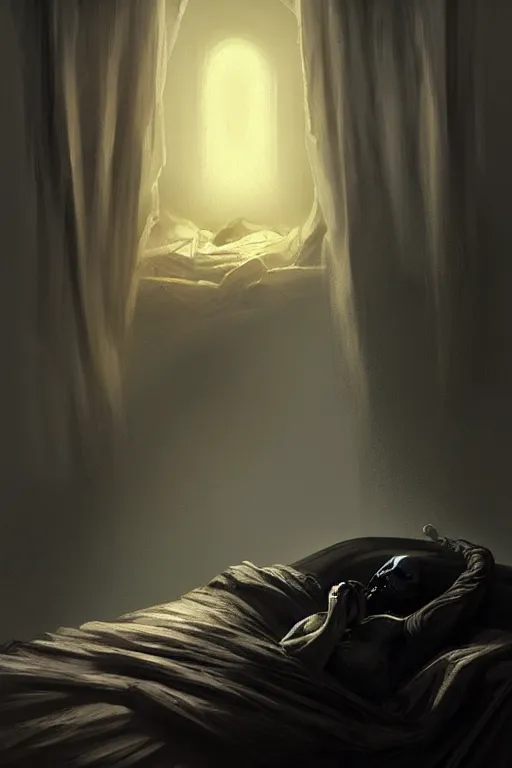 Image similar to death waking up from the bed , death is wearing black robe, together with him Vesa Matti Loiri sunrise coloring the room,fantasy, intricate, elegant, highly detailed, digital painting, artstation, concept art, smooth, sharp focus, illustration, art by Ilja Repin