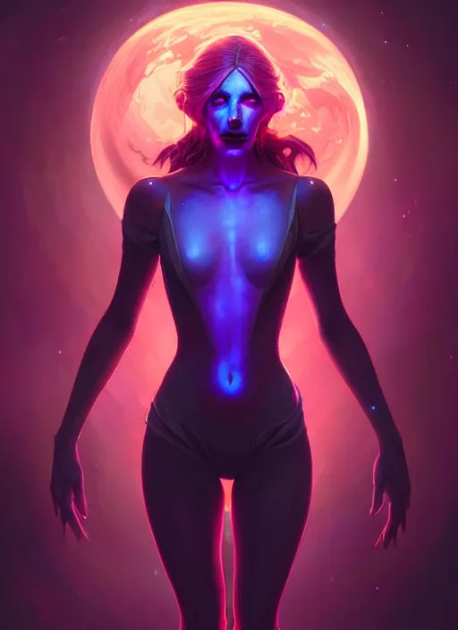 Image similar to a vampire faceless glowing liquefied stardust adventurer, dnd fantasy character, full body portrait, glowing neon skin, magical aura, ultra realistic, intricate, elegant, highly detailed, digital painting, artstation, smooth, sharp, focus, illustration, art by artgerm and greg rutkowski and alphonse mucha and dan mumford, sacred geometry