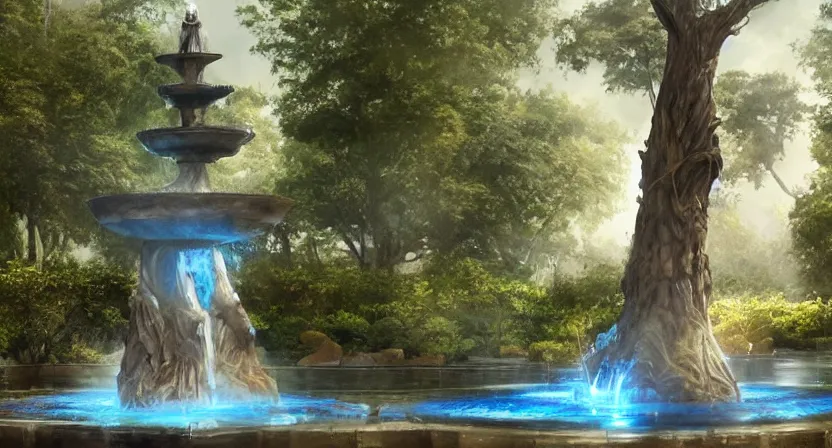 Image similar to a water fountain made out of a tree, concept art by Doug Chiang cinematic, realistic painting, high definition, digital art, symmetrical, very detailed, extremely high detail, photo realistic, concept art, unreal engine 5,