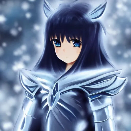 Prompt: portrait focus of beautiful 3 d anime girl as a saint seiya knight!! silver frozen ice armor wearing!! dark forest background snowing, bokeh, inspired by masami kurum