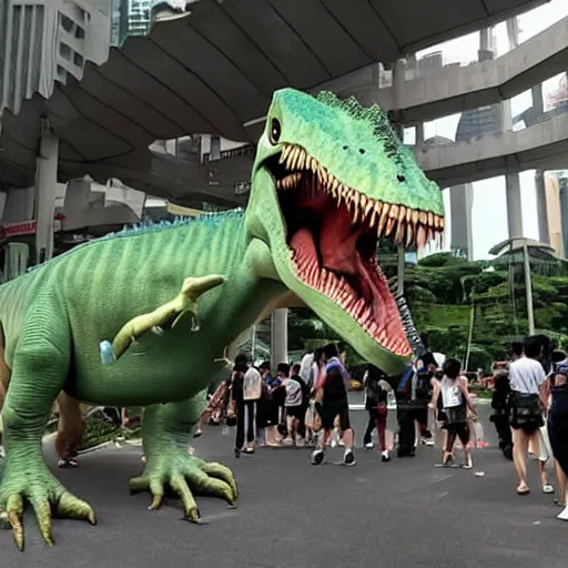 Prompt: a dinosaur terrorizes Singapore