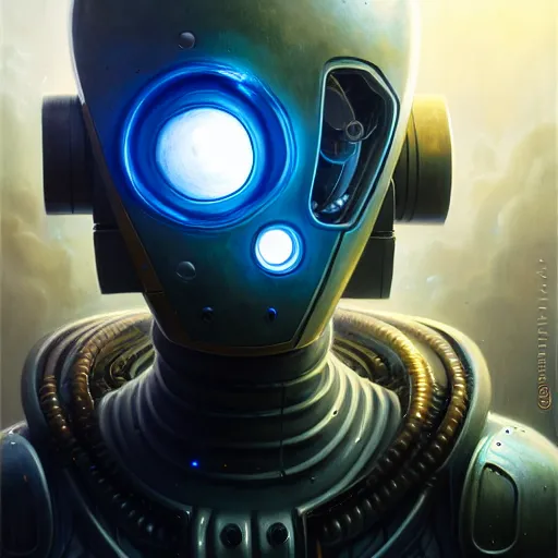 Image similar to front shot of a cyberpunk gazmask robot character, intricate, elegant, highly detailed, centered, digital painting, artstation, concept art, smooth, sharp focus, illustration, artgerm, Tomasz Alen Kopera, Peter Mohrbacher, donato giancola, Joseph Christian Leyendecker, WLOP, Boris Vallejo