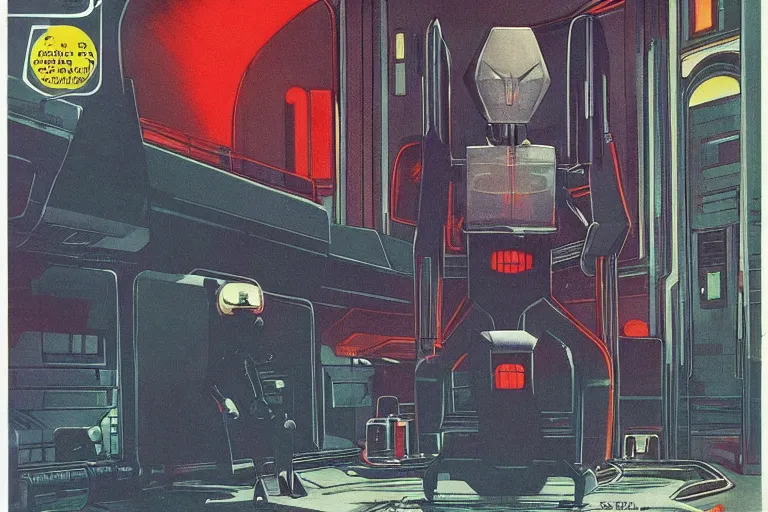 Image similar to 1979 OMNI Magazine Cover depicting a creepy imposing Robot standing in a throne room. Cyberpunk Akira style by Vincent Di Fate