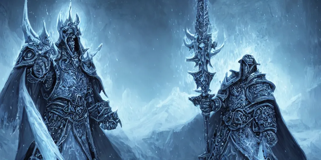 Image similar to the lich king from world of warcraft sitting on the frozen throne trending on artstation