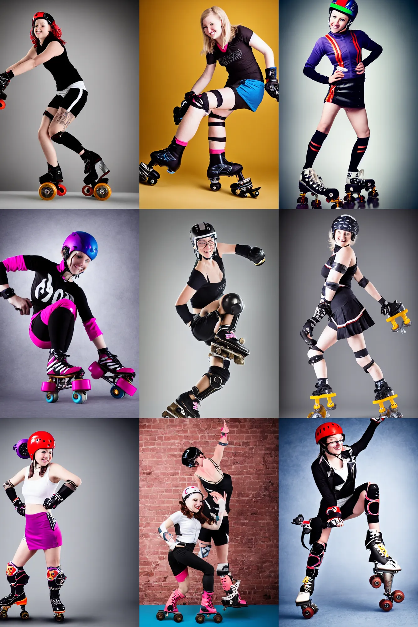 Prompt: roller derby girl wearing quad skates, dynamic angle, studio photograph and lighting