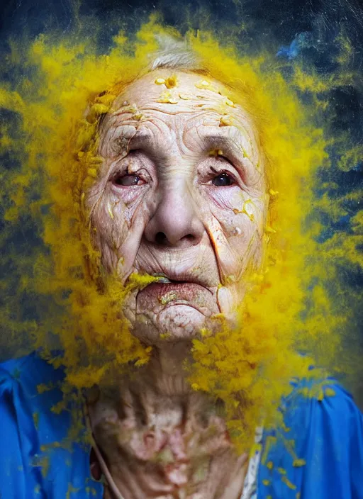 Prompt: crying old ukrainian woman!!!!, fully covered in yellow and blue clouds!!!, disarming, enchanting, fragile, hopeful, cloudcore, portrait, by kim keever