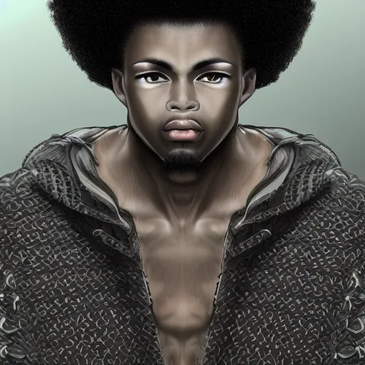 Image similar to ultra realistic illustration of a black guy with an afro, anime, highly detailed, digital art, japanese style, intricate, elegant, deviantart, concept art.
