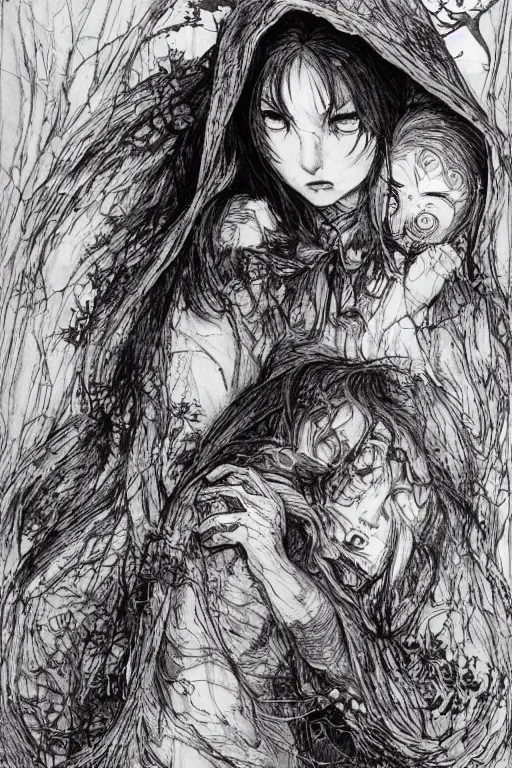 Image similar to portrait of a beautiful little red riding hood sobbing, tears run down her cheeks, as a terrifying werewolf emerges from her back, pen and ink, intricate line drawings, by Yoshitaka Amano, Ruan Jia, Kentaro Miura, Artgerm, watercolor