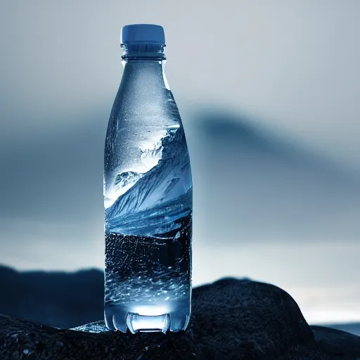 Prompt: an award - winning advertisement photo of a water crystal bottle with a snowy mountain and ice, drammatic lighting, sigma 5 0 mm, ƒ / 8, behance