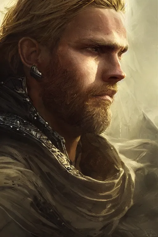 Image similar to King Arthur, close-up portrait, powerfull, intricate, elegant, volumetric lighting, scenery, digital painting, highly detailed, artstation, sharp focus, illustration, concept art, ruan jia, steve mccurry