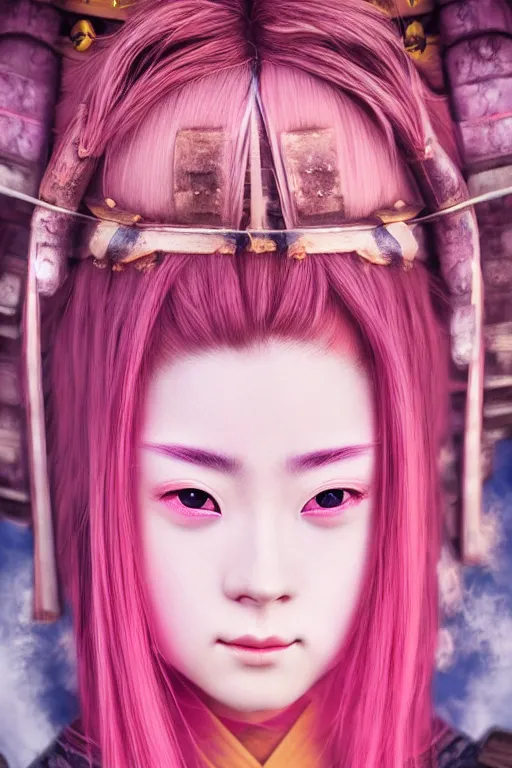 Image similar to highly detailed beautiful photo of a young female samurai, symmetrical face, beautiful eyes, pink hair, realistic anime art style, 8 k, award winning photo, pastels colours, action photography, 1 / 1 2 5 shutter speed, sunrise lighting