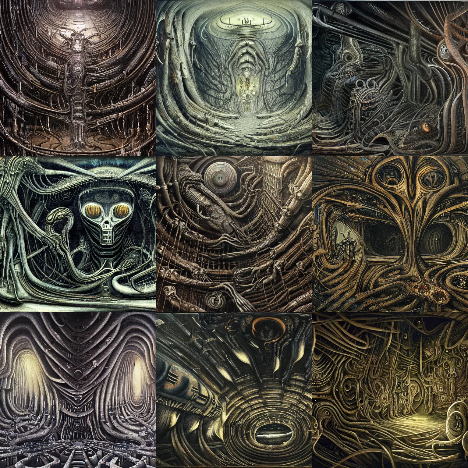Prompt: a painting of creatures in the void by h. r. giger, highly detailed, radiant light, intricate environment, deviantart, 4 k