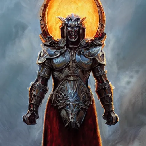 Image similar to A Demon Clad in Gladiator Armor with a firey halo, detailed, centered, digital painting, artstation, concept art, donato giancola, Joseph Christian Leyendecker, WLOP, Boris Vallejo, Breathtaking, 8k resolution, extremely detailed, beautiful, establishing shot, artistic, hyperrealistic, beautiful face, octane render, cinematic lighting, dramatic lighting, masterpiece