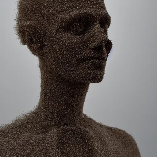 Prompt: a mannequin made of smoke, billowing clouds of dust, and ash trapped within transparent crystal