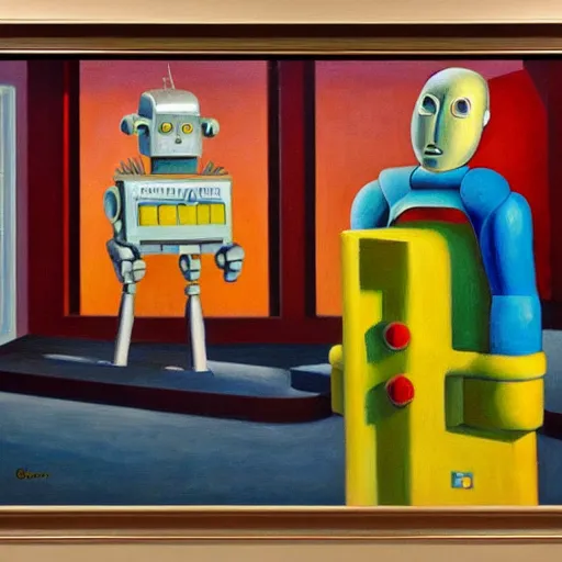 Prompt: robots made of ice cream, grant wood, pj crook, edward hopper, oil on canvas