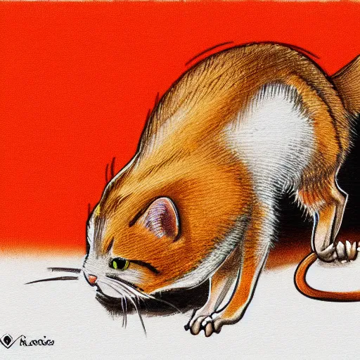 Image similar to orange tabby cat chasing a mouse, illustration, contemporary, realistic, hd