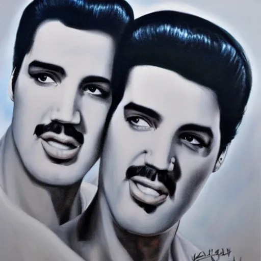 Prompt: elvis presley and freddie mercury singing together, oil painting, trending on art station, 8 k