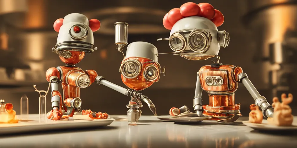 Image similar to closeup portrait of tin toy retro robot chef cooking pastry in a chemical lab, depth of field, zeiss lens, detailed, centered, fashion photoshoot, by nicoletta ceccoli, mark ryden, lostfish, breathtaking, 8 k resolution, extremely detailed, beautiful, establishing shot, artistic, hyperrealistic, octane render